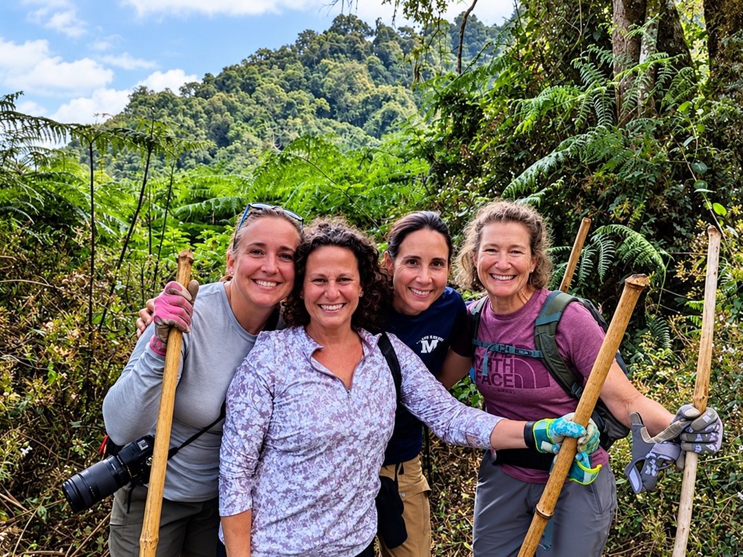 Tourists taking a photo in the Nkuringo Sector of Bwindi Impenetrable National Park during a gorilla trekking safari in Uganda