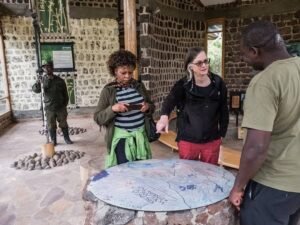 Tourists receiving a gorilla trekking briefing from a guide before entering the forest in Uganda.