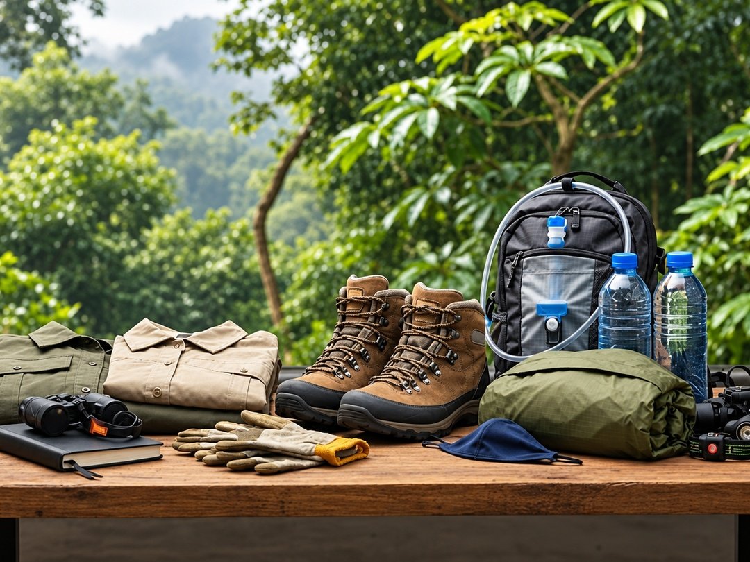 Packing list for gorilla trekking in Uganda with hiking boots, backpack, gloves, rain gear, water bottles and camera equipment