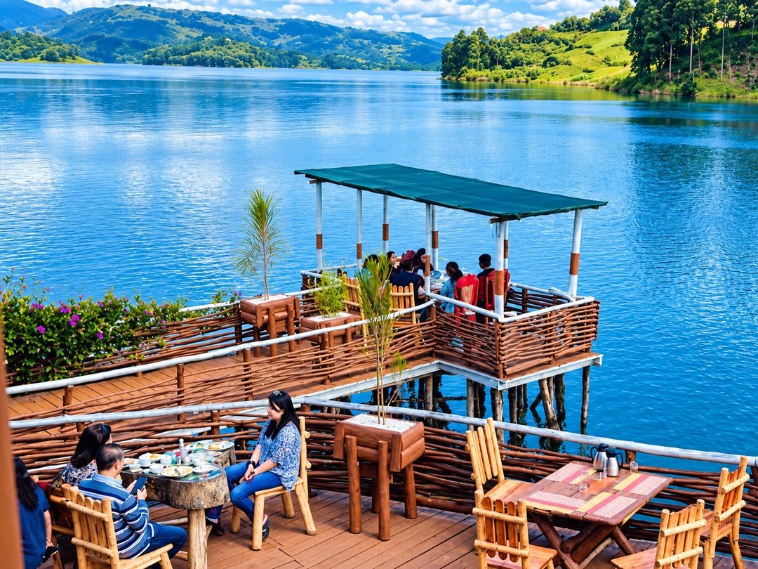 Tourists enjoying a relaxing moment at a lodge overlooking Lake Bunyonyi in southwestern Uganda.