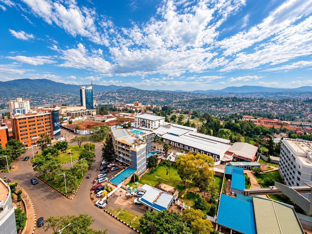 Aerial view of Kigali city in Rwanda with modern buildings and surrounding green hills