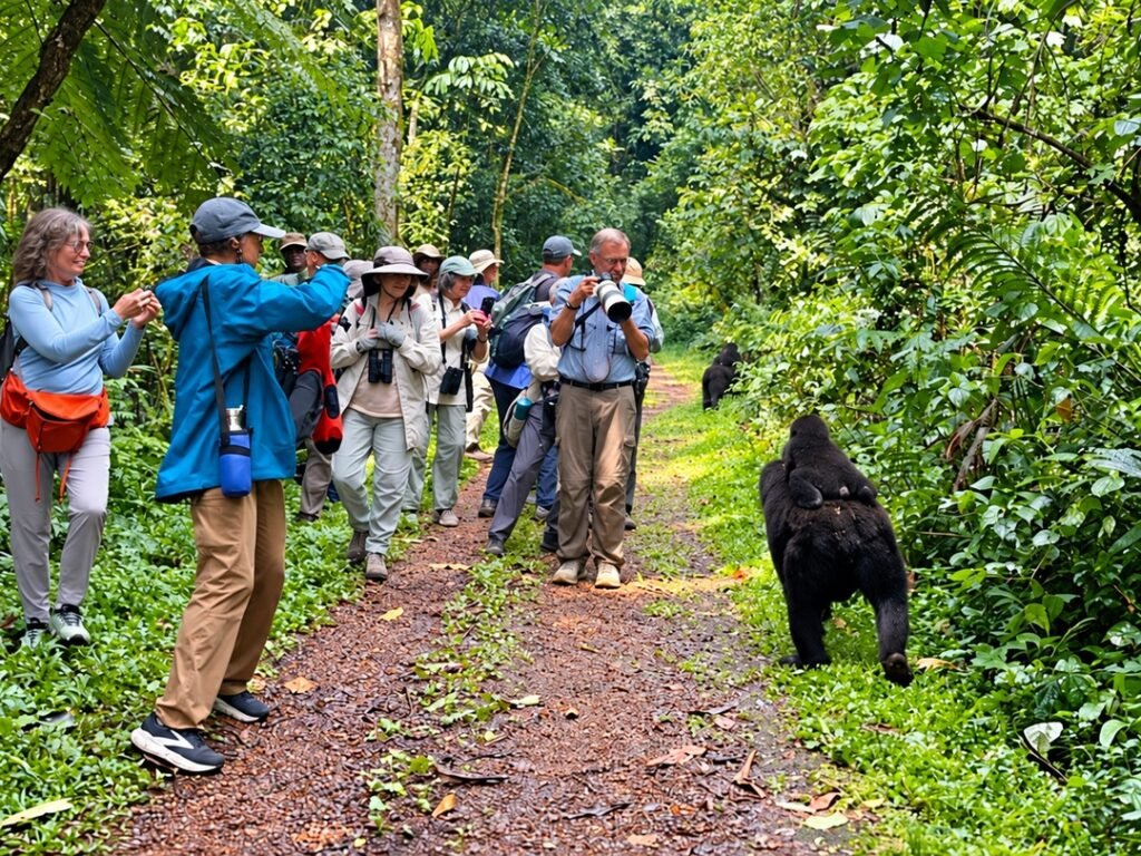 Tourists enjoying a gorilla encounter in Bwindi Impenetrable National Park