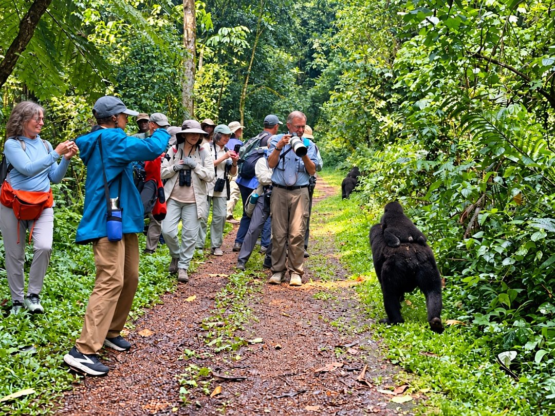 Tourists enjoying gorilla trekking during a group joining safari in Uganda