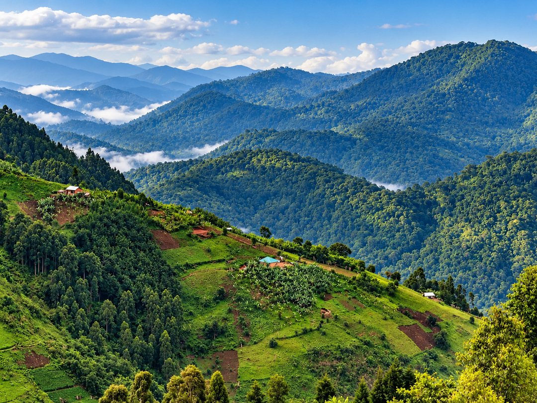 Beautiful green hills, lush forests, misty valleys, and mountain landscapes near Bwindi Impenetrable National Park, Uganda.