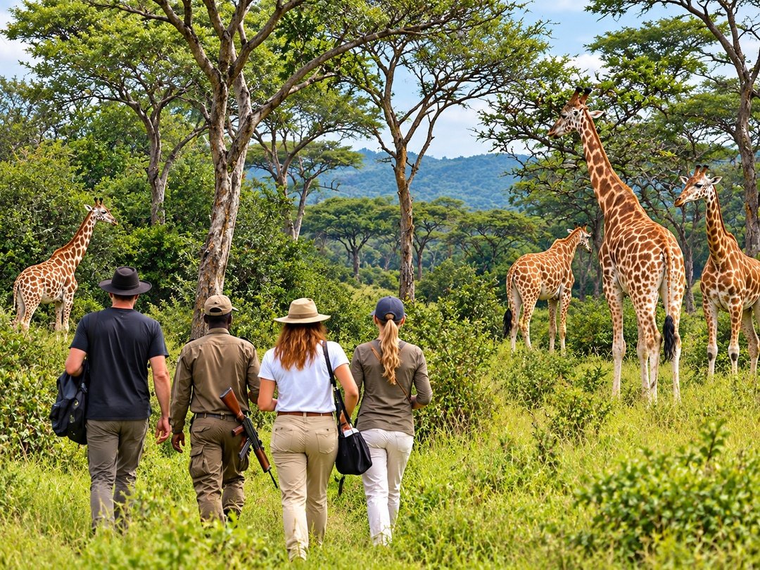 Tourists encounter giraffes during a walking safari in Lake Mburo National Park on their group joining safari in Uganda