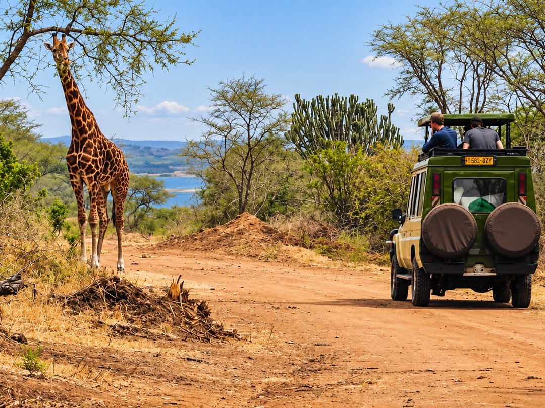 Tourists enjoying a wildlife safari game drive in Akagera National Park as they encounter a giraffe